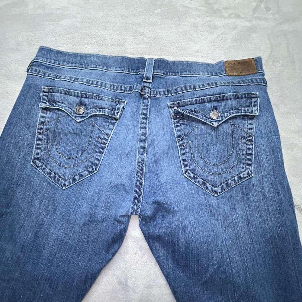 VTG True Religion Jeans Mens 42x33 Blue Ricky Distressed Stitch Flap Y2K USA